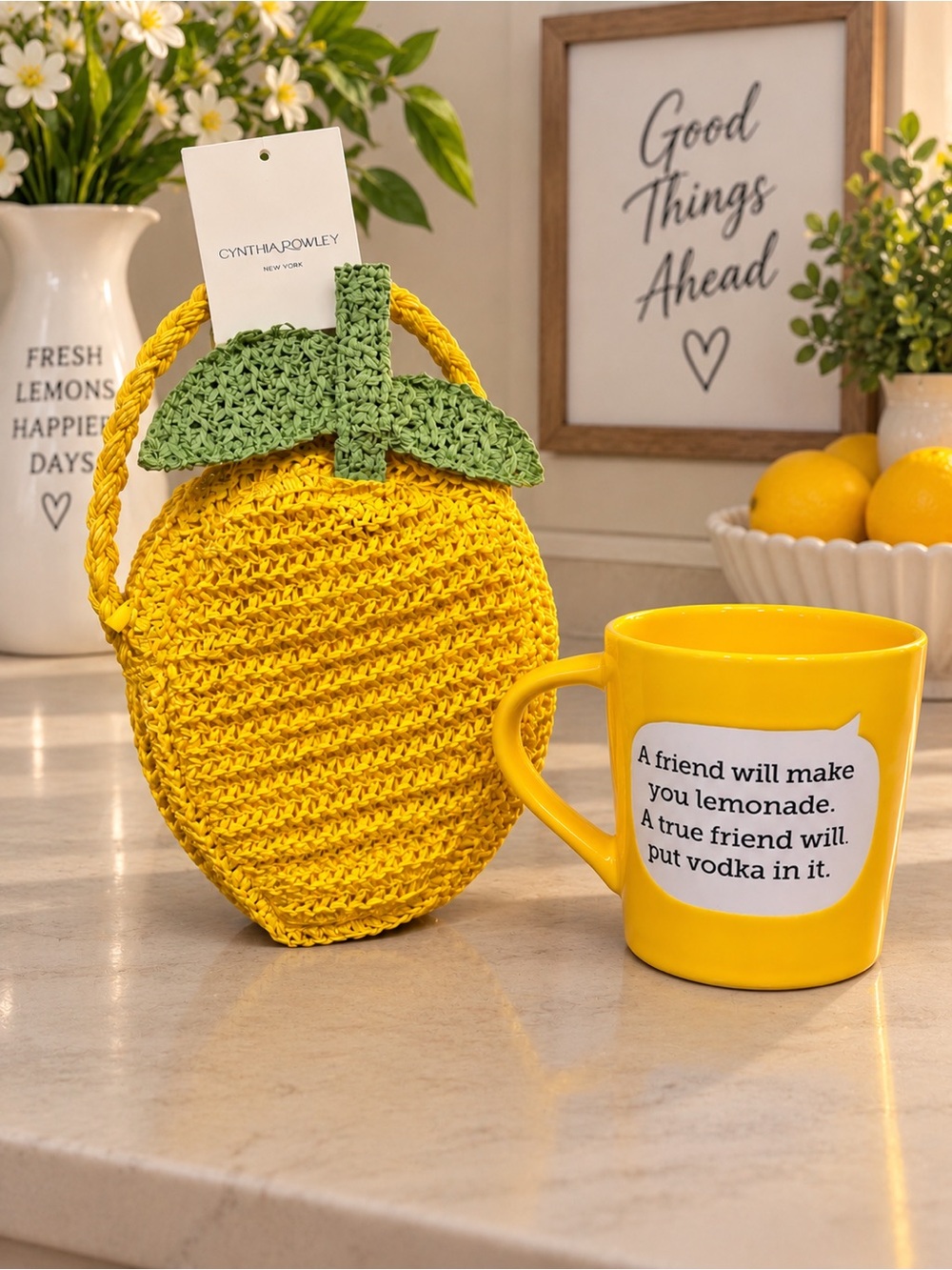 Cynthia Rowley Lemon Crochet Bag & Funny Quote Mug Gift Set NWT